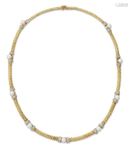 A diamond and cultured pearl necklace, composed of textured ...
