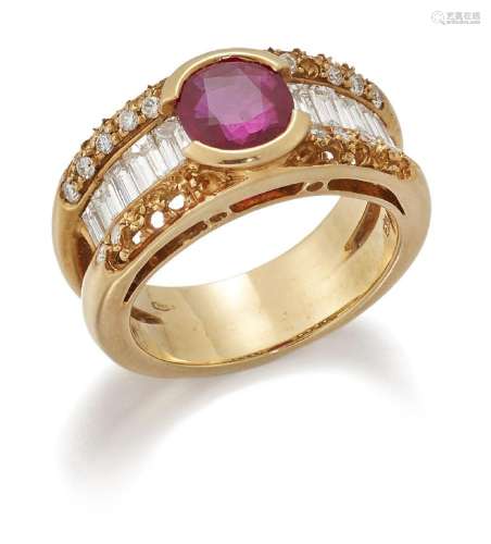 A ruby and diamond ring, set to the centre with a cushion-sh...