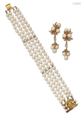 A pair of cultured pearl earrings and bracelet, the bracelet...