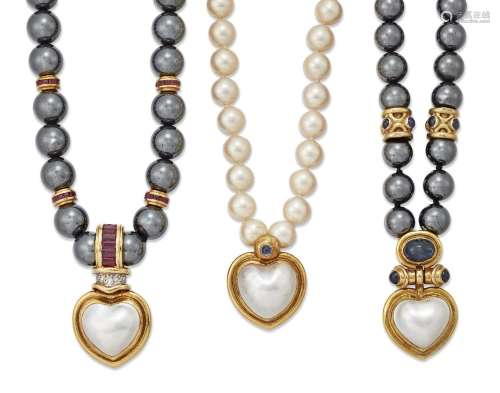 Two hematite and mabe cultured pearl necklaces, one ruby and...