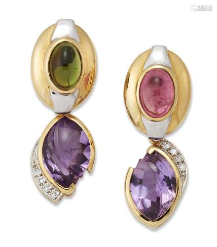 A pair of gem and diamond 'night and day' earrings, each des...