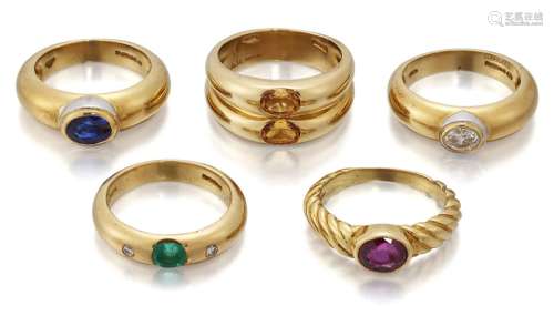Five gem-set rings, comprising: a sapphire ring and a diamon...