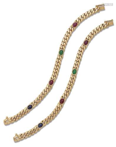 A pair of gold and gem-set bracelets, of curb link design ac...