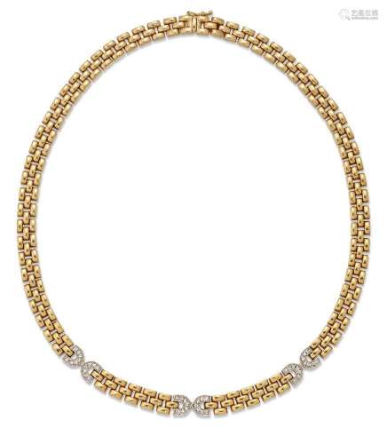 A gold and diamond necklace, of brick link design, with bril...