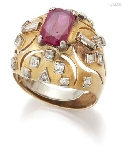 A ruby and diamond bombe ring, the single four claw-set rect...