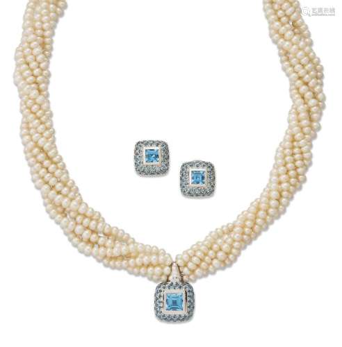 A freshwater cultured pearl, blue topaz and diamond necklace...