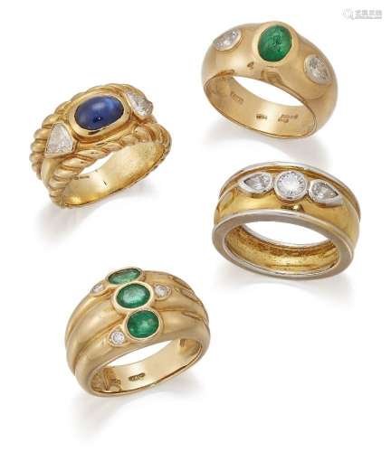 Four gem and diamond rings, comprising: two set with emerald...