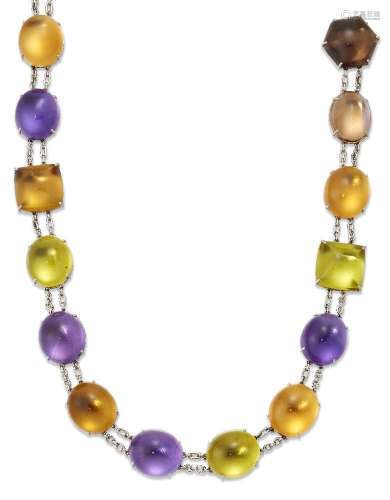 An amethyst and gem necklace, composed of large cabochon gem...