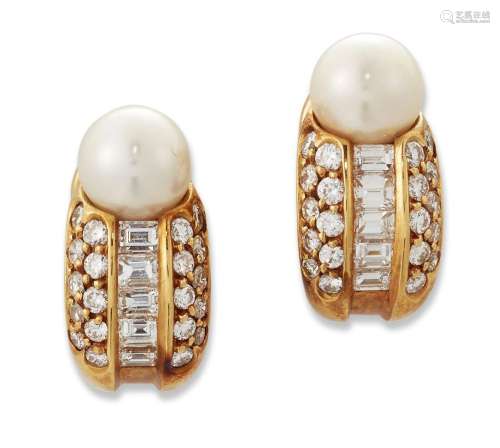 Cartier, a pair of diamond and cultured pearl ear clips,by C...