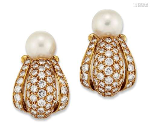 Cartier, a pair of diamond and cultured pearl ear clips, by ...