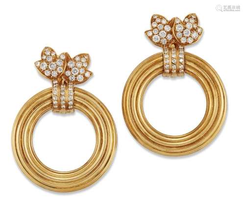 Cartier, a pair of 18ct gold, diamond hoop earrings, by Cart...