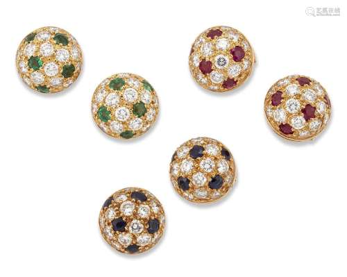 Cartier, three pairs of diamond and gem-set ear studs, by Ca...