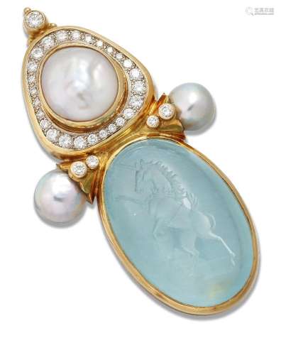 Elizabeth Gage, an aquamarine, cultured pearl and diamond br...