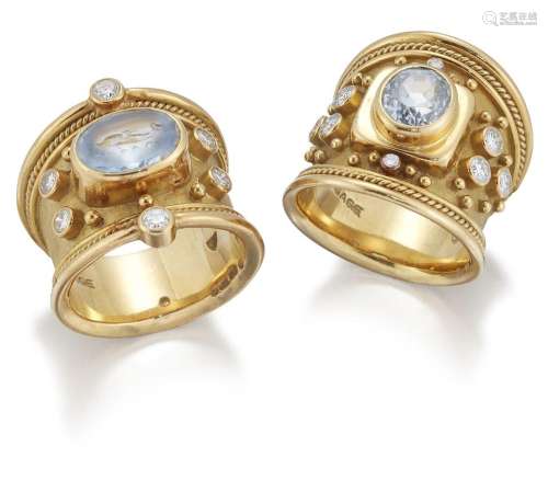 Elizabeth Gage, two 'Templar' diamond and aquamarine rings, ...