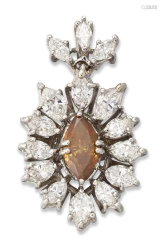 A coloured diamond and diamond cluster pendant, the central ...