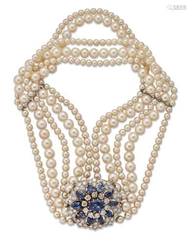 A diamond, sapphire and cultured pearl collar, centring on a...
