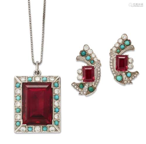 A rubellite, turquoise and diamond pendant and earrings, the...