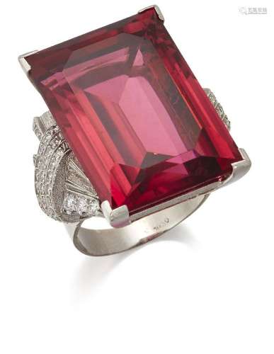 A rubellite and diamond ring, centring on a rectangular-cut ...