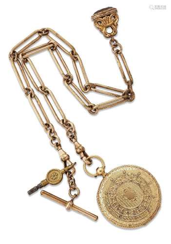 A gold Albert chain, fob seal and pocket watch, the Albert c...