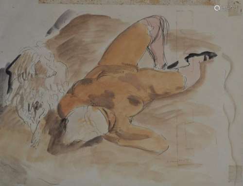 Jean LAUNOIS (1898-1942)<br />
Femme nue couchée avec un chi...