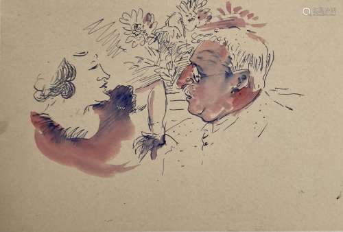 Jean LAUNOIS (1898-1942)<br />
Couple aux fleurs<br />
Encre...