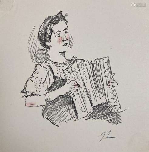 Jean LAUNOIS (1898-1942)<br />
L'accordéoniste<br />
Estampe...