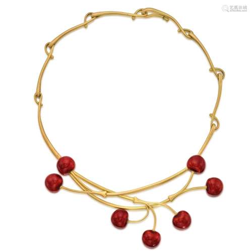 Angela Cummings . Gold and Enamel 'Cherries' Necklace.