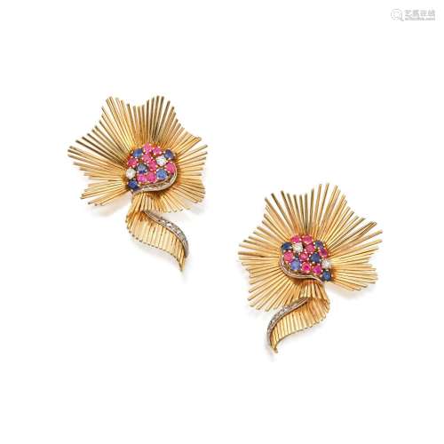 Pair of Gold, Ruby, Sapphire and Diamond Earclips . Pair of ...
