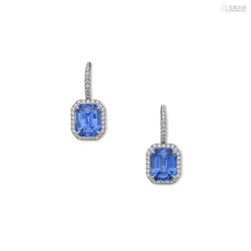 Pair of Sapphire and Diamond Earrings . Pair of Sapphire and...