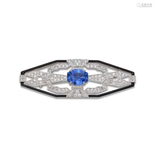 Sapphire, Lacquer and Diamond Brooch . Sapphire, Lacquer and...