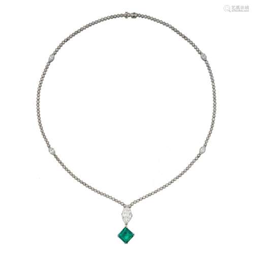 Emerald and Diamond Pendant-Necklace . Emerald and Diamond P...