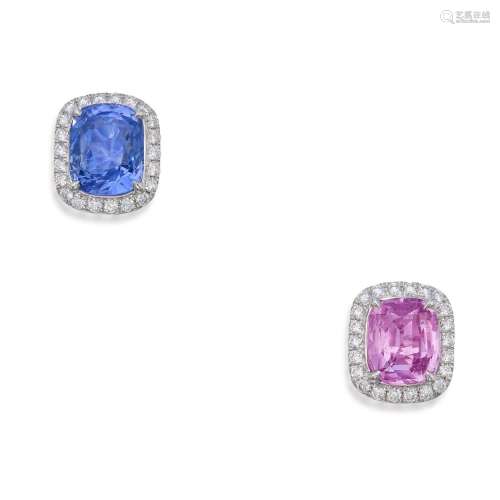 Pair of Purplish Pink Sapphire, Sapphire and Diamond Earring...