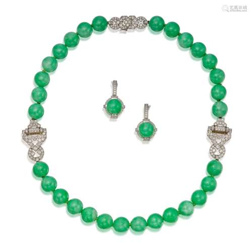 Cartier . Jadeite and Diamond Necklace and Pair of Earclips,...