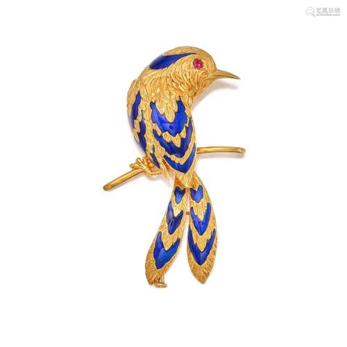 Cartier . Gold, Enamel and Ruby Clip-Brooch, France.