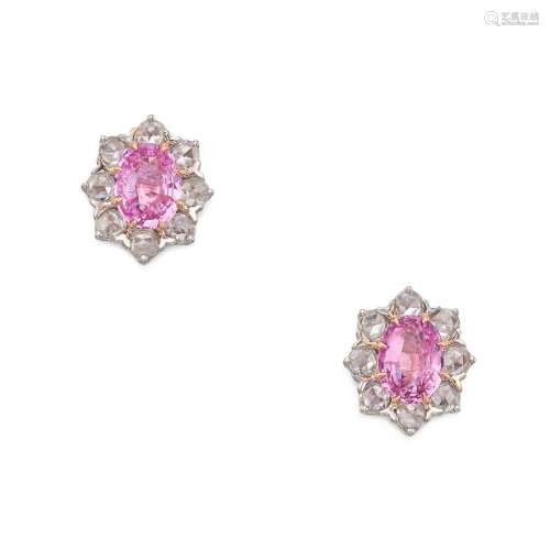 Pair of Pink Sapphire and Diamond Earrings . Pair of Pink Sa...