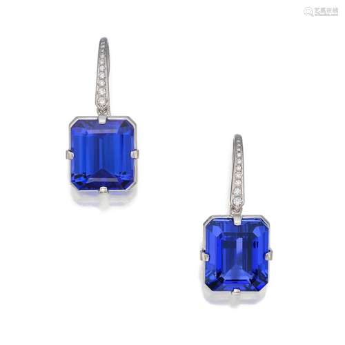 Pair of Tanzanite and Diamond Earrings . Pair of Tanzanite a...