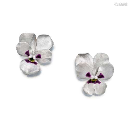 JAR . Pair of Aluminum 'Pansy' Earclips, France.