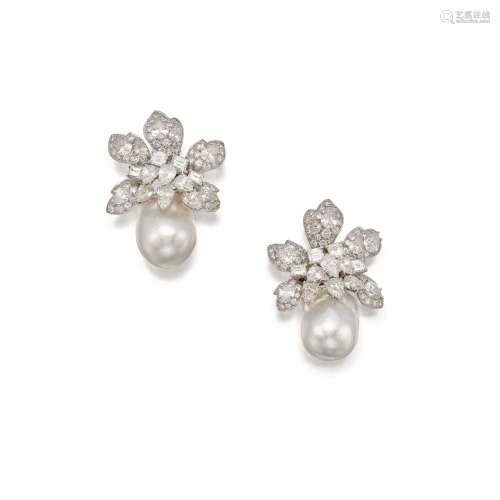David Webb . Pair of Baroque Cultured Pearl and Diamond Earc...