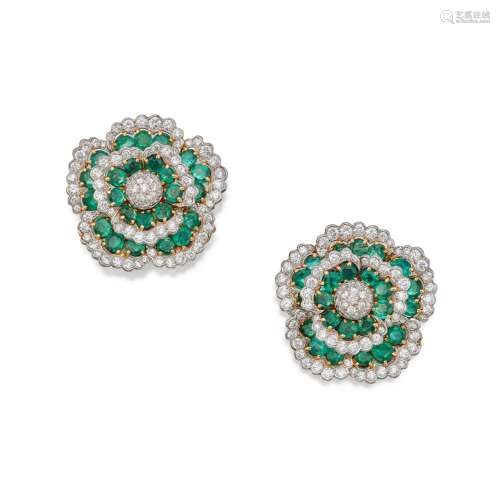 Van Cleef & Arpels . Pair of Emerald and Diamond 'Camell...