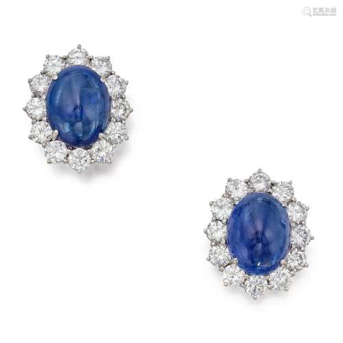 Pair of Sapphire and Diamond Earclips . Pair of Sapphire and...