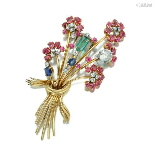 Gold, Diamond, Ruby, Emerald and Sapphire Clip-Brooch, Franc...
