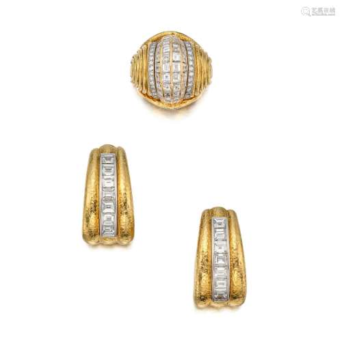 David Webb . Gold and Diamond Ring and Pair of Earclips.