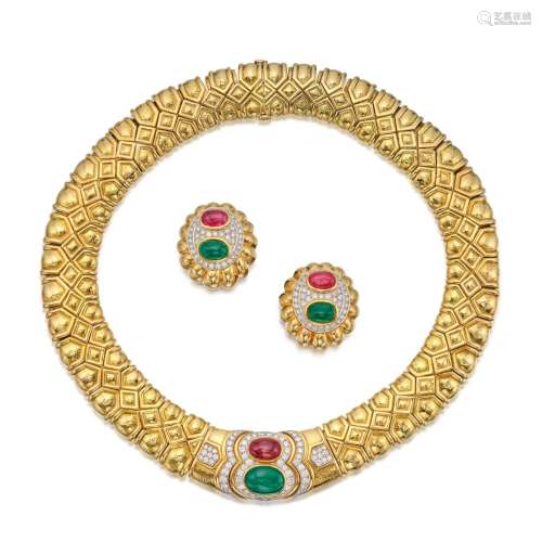 David Webb . Gold, Emerald, Ruby and Diamond Necklace and Pa...