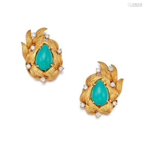 David Webb . Pair of Gold, Turquoise and Diamond Earclips.