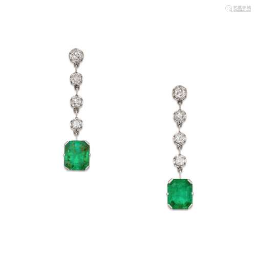 Pair of Emerald and Diamond Earrings, France . Pair of Emera...