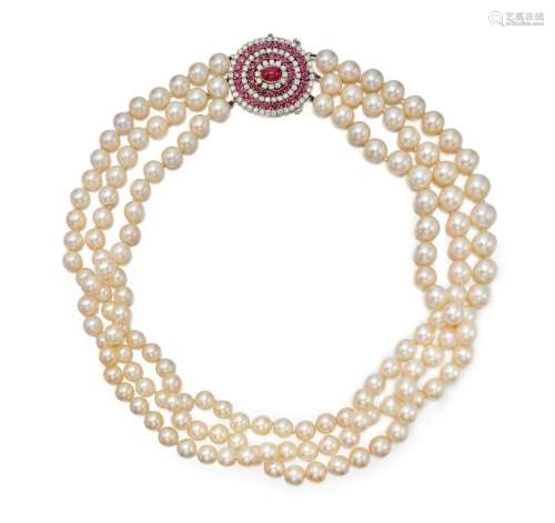 Van Cleef & Arpels . Cultured Pearl, Ruby and Diamond Ne...