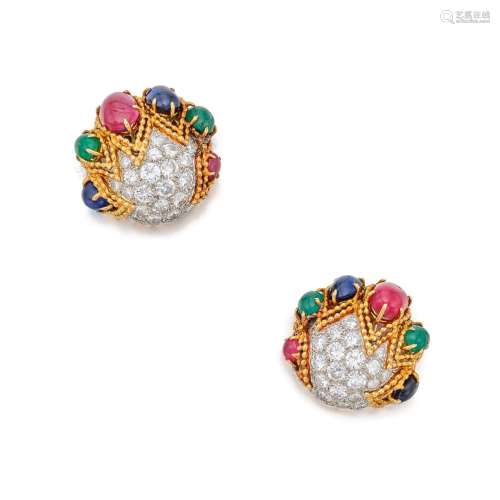 Van Cleef & Arpels . Pair of Gold, Gem-Set and Diamond E...