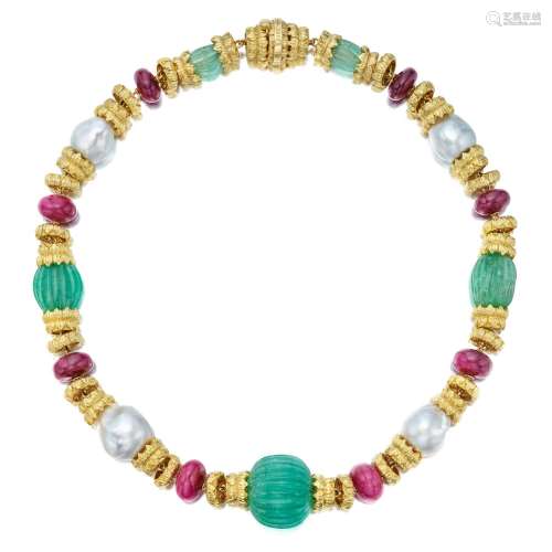 David Webb . Gold, Emerald, Cultured Pearl and Ruby Necklace...
