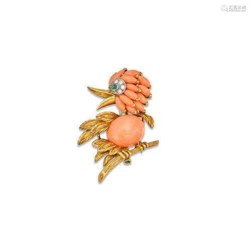 Van Cleef & Arpels . Gold, Coral, Emerald and Diamond Cl...