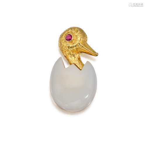 Cartier . Gold, Chalcedony and Ruby Brooch, France.